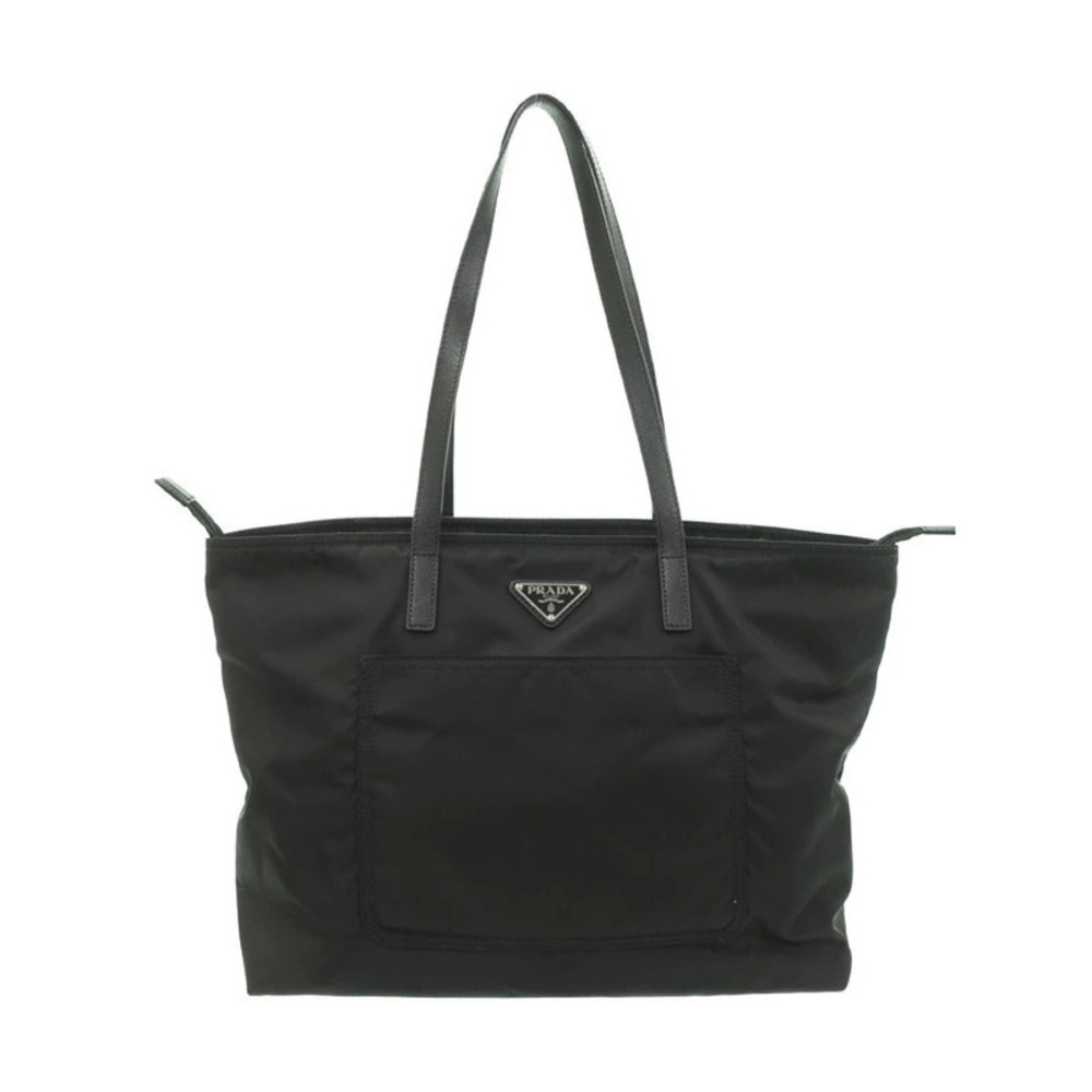 Prada ReNylon tote bag leather handles signature triangle Black